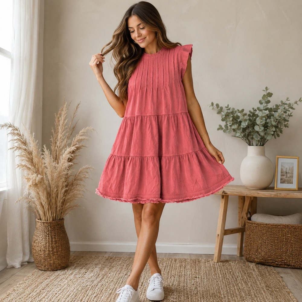 Bohme Pink Sleeveless Tiered Mini Dress Pintuck Pleat Frayed Hem Boho Small